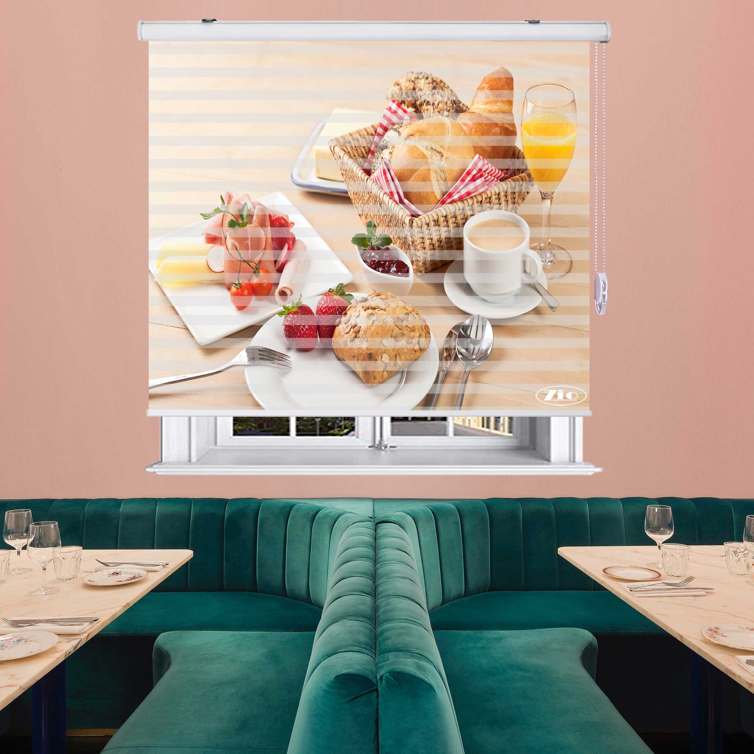 پرده زبرا زیو طرح صبحانه کد B10 سایز 100x150 سانتی متر