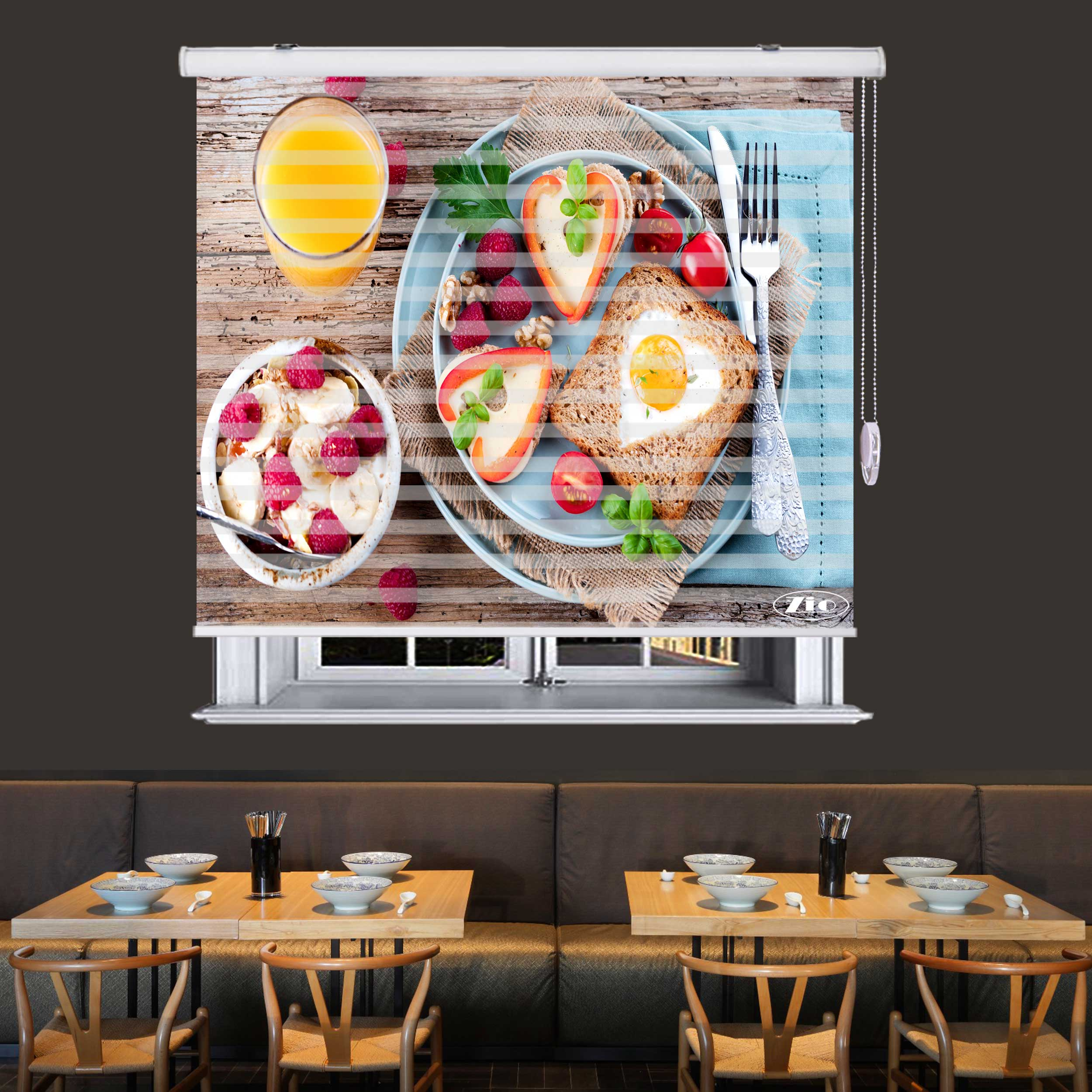 پرده زبرا زیو طرح صبحانه کد B8 سایز 150x150 سانتی متر