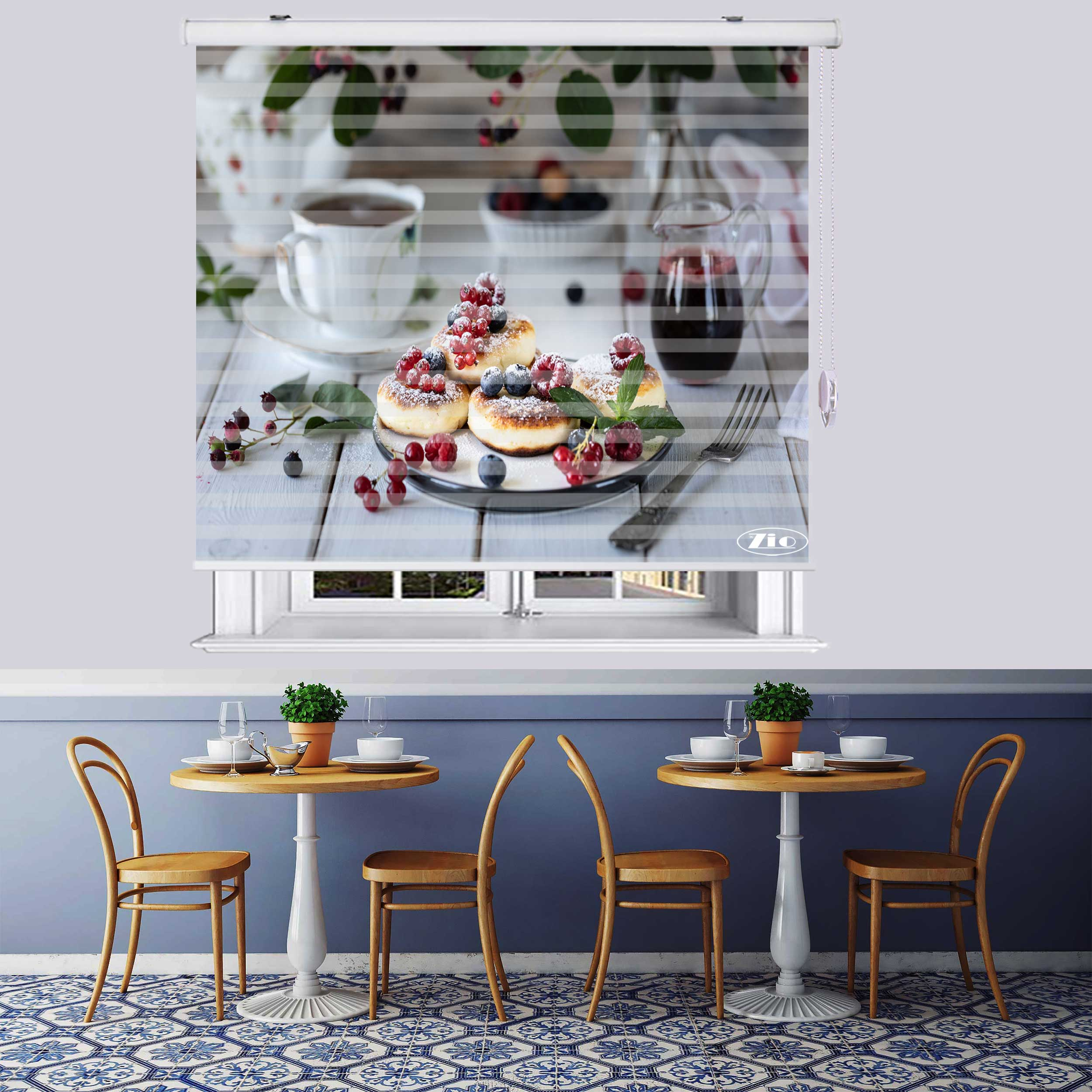 پرده زبرا زیو طرح صبحانه کد B16 سایز 200x150 سانتی متر