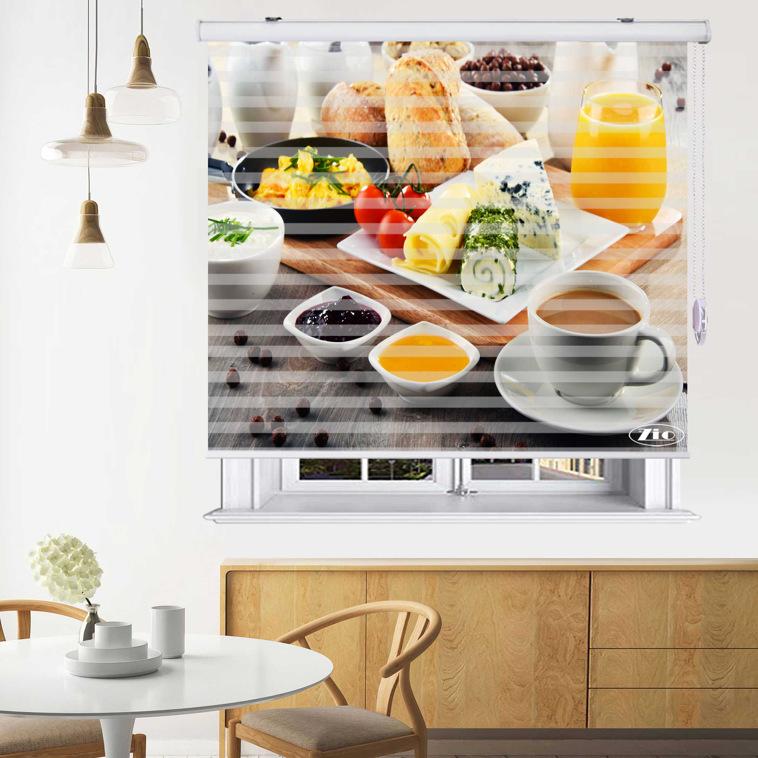پرده زبرا زیو طرح صبحانه کد B14 سایز 200x280 سانتی متر