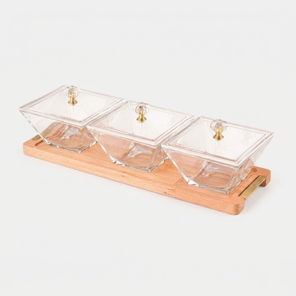 اردوخوری لیمون مدل FIDOKA-2242، با 3 خانه مربع شیشه‌ای، در اکریلیک و پایه چوبی، مناسب سرو پنیر، ابعاد 32×10×9، قابل شستشو با دست و ماشین ظرفشویی